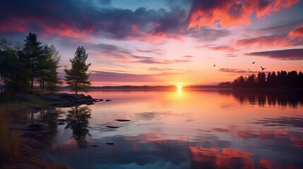 A beautiful sunrise over a peaceful lake. Generative AI