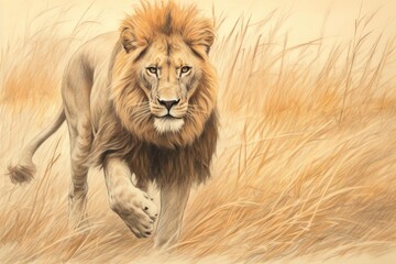 Majestic Lioness: A Golden Mane Prowling through the Serengeti with Radiant Strength and Nobility, generative AI