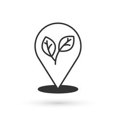 Grey Location pin with leaf inside icon isolated on white background. Leaves sign. Fresh natural product symbol. Vector