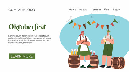 Landing page. Celebration the Oktoberfest Beer Festival. Fest Concept Flat Vector Illustration. Male and Female Characters Wear Bavarian Costume and Dress Dance Celebrate Beer Festival. Vector
