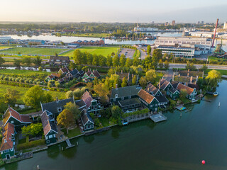 Aerial drone photo of typical dutch houses at the Zaanse Schans