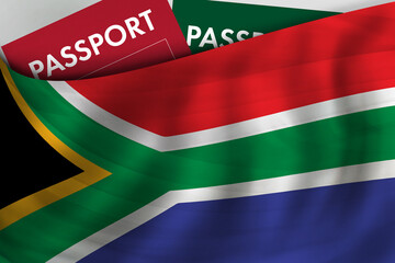 South Africa flag background and passport of South African Republic. Citizenship, official legal immigration, visa, business and travel concept.