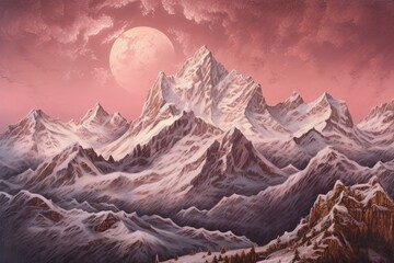 Snow-Capped Peaks Illuminated in Silvery Light: Majestic Mountain Range Bathed in the Soft Glow of a Full Moon, generative AI