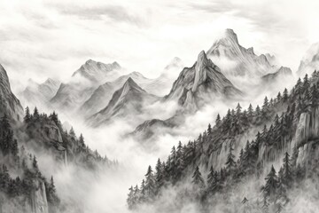 Nature's Majestic Guardians: Enveloped in Mist, a Majestic Mountain Range Drawing, generative AI