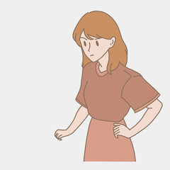Strict woman looking down at something or someone, standing akimbo, hand on hip. Hand drawn flat cartoon character vector illustration.