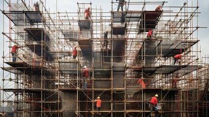 Workers expertly assemble and install prefabricated wall panels, each panel contributing to the larger puzzle of a well-designed. Generated by AI.