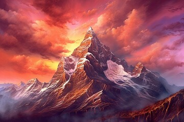 Grandeur Peaks: Creating a Breathtaking Vista of Tranquility with Towering Mountains Bathed in the Glow of a Majestic Sunset - Mountain Drawing, generative AI