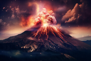 Fototapeta premium Volcano eruption creating an explosive mix of volcanic ash and molten rock lava from its crater which will lead to an erupting pyroclastic flow, computer Generative AI stock illustration image