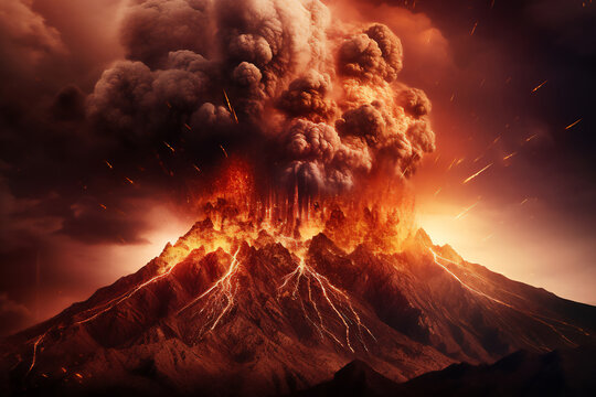 Volcano eruption creating an explosive mix of volcanic ash and molten rock lava from its crater which will lead to an erupting pyroclastic flow, computer Generative AI stock illustration image