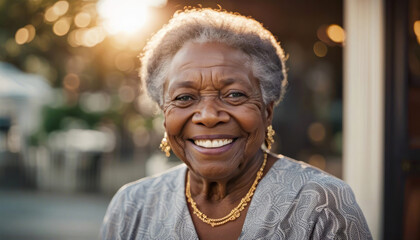 Happy elderly black lady outdoors with copy space ai generated