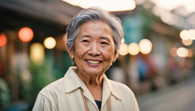 Happy elderly asian lady outdoors ai generated
