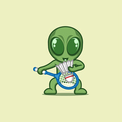 cute cartoon alien playing badminton
