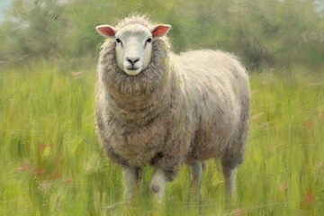 Obraz premium Woolly Wonder: A Fluffy Sheep Drawing Brings Warmth and Comfort in a Green Meadow, generative AI