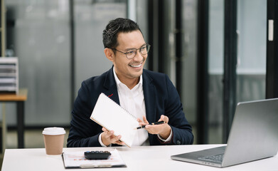 Businessman teleconference, idea presentation, planning analysis and financial statistics and investment market at office.