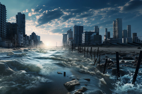 Ville apr&egrave;s une inondation