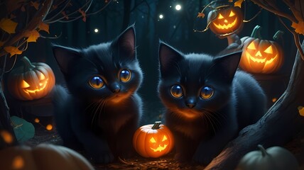 Two cute black cats in a pumpkin forest under the light of the full moon on Halloween.