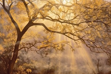 Piercing Sunbeams and Golden Glow: Capturing the Essence of a New Day in a Misty Morning Fog, generative AI