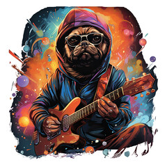 A whimsical Christmas pug giter t-shirt design, featuring the pug dressed as a rockstar with a guitar, Generative Ai