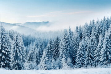 Snow-covered coniferous forest in Tien Shan mountains in Kazakhstan