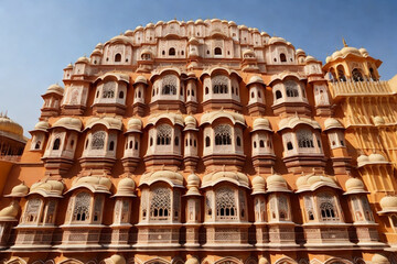 Fototapeta premium Hawa Mahal Jaipur, upward close up shot, landmark monument destination travel inspired by several places 