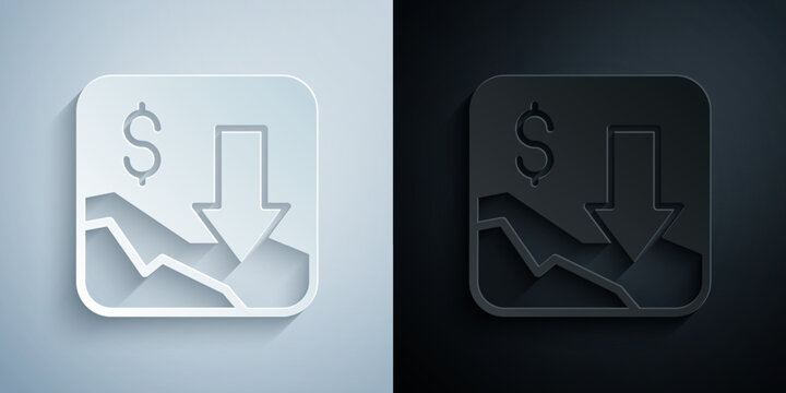 Paper cut Financial growth decrease icon isolated on grey and black background. Increasing revenue. Paper art style. Vector