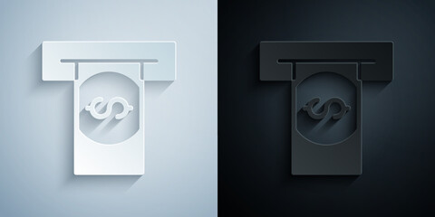 Paper cut ATM - Automated teller machine and money icon isolated on grey and black background. Paper art style. Vector