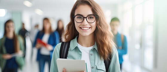 Young positive female student carrying books and a backpack through school