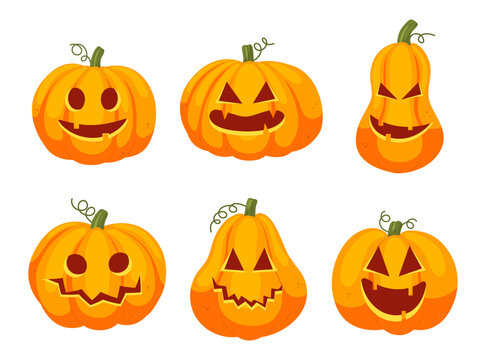 Vector halloween cartoon pumpkins scary faces set. Collection of orange jack-o-lanterns isolated on white background