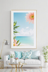 Create a beautiful summer interior for just 1 wall art mockup. The wall art is 8 x 16 inch in real size - depict it in the interior. Image created using artificial intelligence.