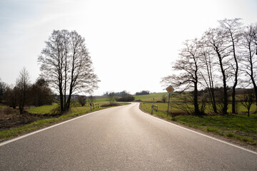 Fototapeta na wymiar Road in landscape between trees and agriculture fields on sunny afternoon in spring