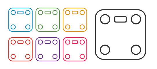 Set line Bathroom scales icon isolated on white background. Weight measure Equipment. Weight Scale fitness sport concept. Set icons colorful. Vector