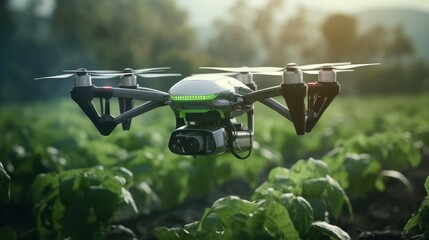Agriculture Drone Observes and Check Growth Plants, Smart Farming Concept. Generative Ai