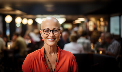 Fototapeta premium Confident proud bald woman struggle with oncology. Hairless cancer sick female patient after chemotherapy, looks thoughtful of recovery remission. Copy space. Beauty portrait