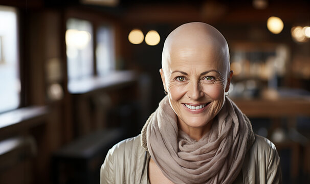Confident proud bald woman struggle with oncology. Hairless cancer sick female patient after chemotherapy, looks thoughtful of recovery remission. Copy space. Beauty portrait