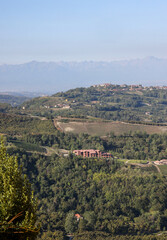 View of the Langhe-Roero hills in Piedmont with the Alps in the background. Italy