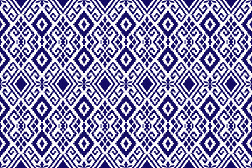 Indigo navy blue geometric traditional ethnic pattern Ikat seamless pattern border abstract design for fabric print cloth dress carpet curtains and sarong Aztec African Indian Indonesian 