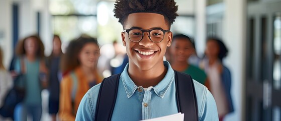 Young positive male student smiling carrying books and backpack through school