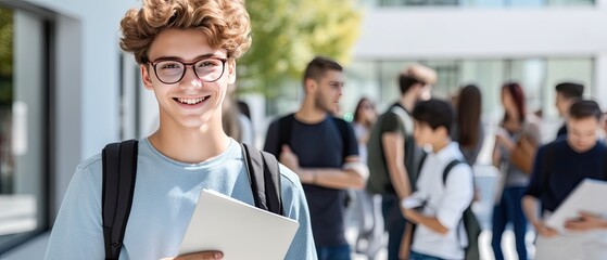 Young positive male student smiling carrying books and backpack through school
