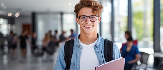 Young positive male student smiling carrying books and backpack through school