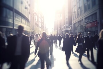Crowd walking down an urban sidewalk with bright glowing sunlight in the background on a busy street. Blur. Generative AI