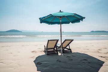 Empty beach chairs at the beach during a summer vacation. Generative AI
