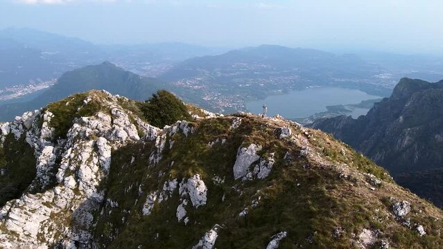 Drone flying over Corni di Canzo rocky peak