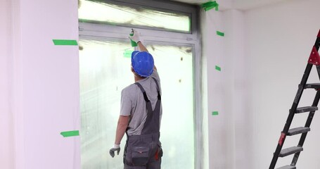 Builder paint the PVC window layer with white spray paint. General purpose repair spray paint