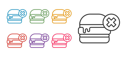 Set line No burger icon isolated on white background. Hamburger icon. Cheeseburger sandwich sign. Fast food menu. Set icons colorful. Vector