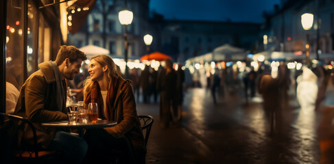Naklejka na ściany i meble Couple on a date at a Cafe. Concept of dating, love and matchmaking. Shallow field of view.