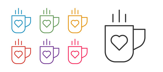 Set line Coffee cup and heart icon isolated on white background. Couple coffee for lovers on Valentines Day. Set icons colorful. Vector