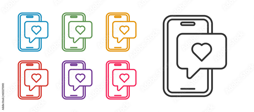 Poster set line smartphone with heart emoji speech bubble get message on screen icon isolated on white back