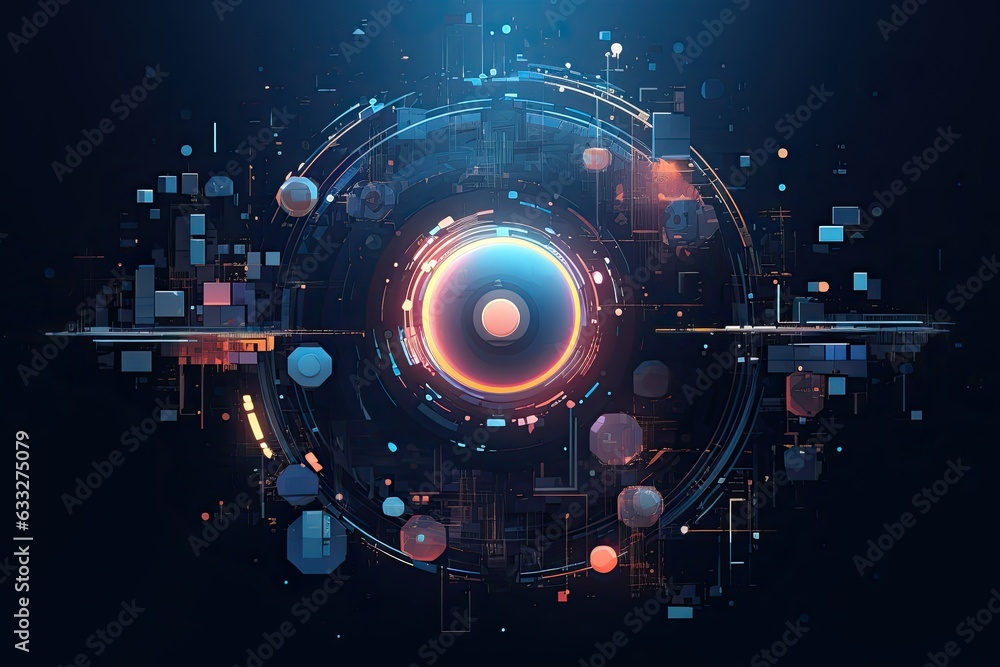 Poster abstract futuristic visual design with shiny circles on dark background.