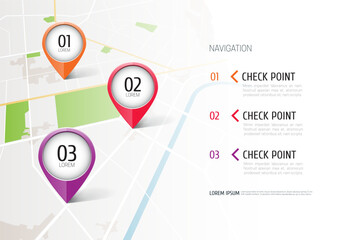 Location icons on the map. Road infographic with colorful pin pointers. Concept of route, landmark, adventure, explore. Vector illustration.