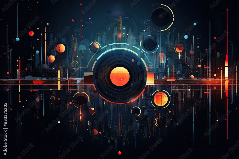 Poster abstract futuristic visual design with shiny circles on dark background.